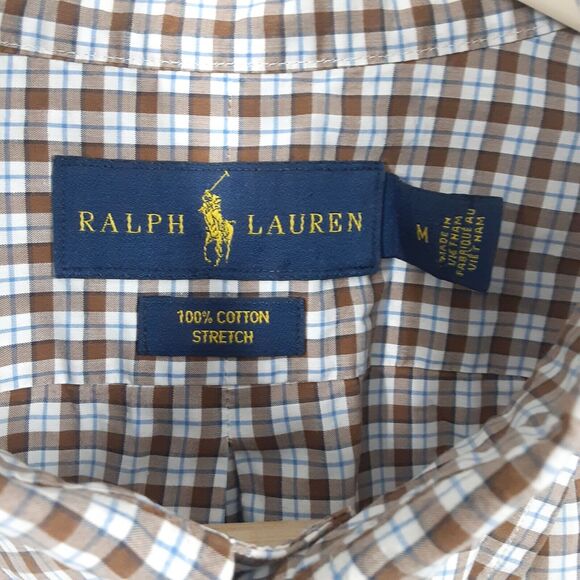 Ralph Lauren Adult Mens M Stretch Brown Plaid Long Sleeve Button Up Shirt - Picture 4 of 8